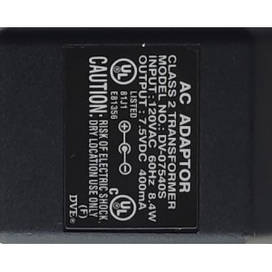 ADAPTADOR AC / NUMERO DE PARTE DV-07540S / INPUT: 120 VAC 60HZ 8.4W / OUTPUT: 7.5 VDC 400mA	